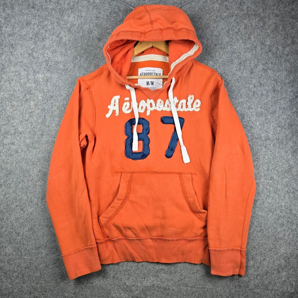Aeropostale Hoodie Mens M Orange Graphic Pullover Embroidered Y2K Skater Grunge